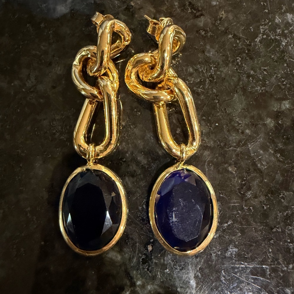 Navy and Gold Gemstone Drop Earrings